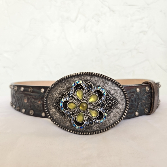Leather Embossed Rose Jewel Western Teal Studded Belt - Picture 3 of 10